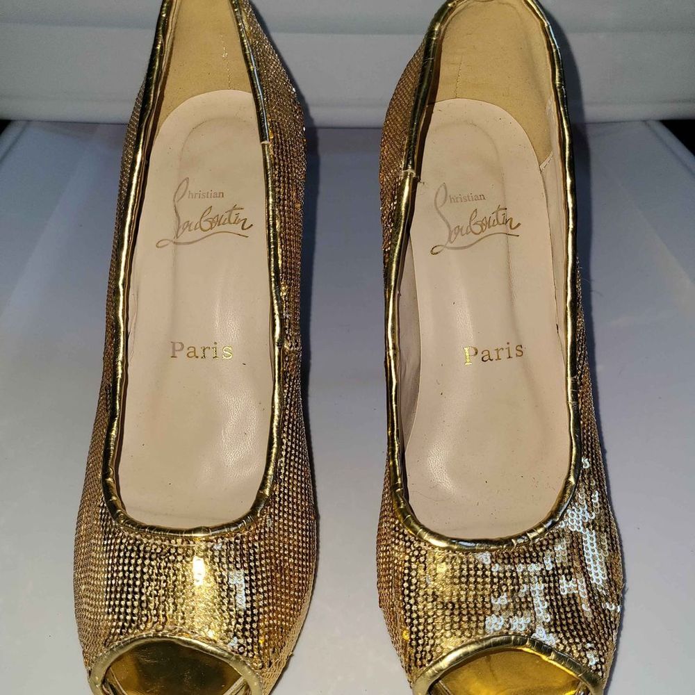 Christian Louboutin Designer Gold Sequin Peep Open Toe High Heels Pumps Size 8.5